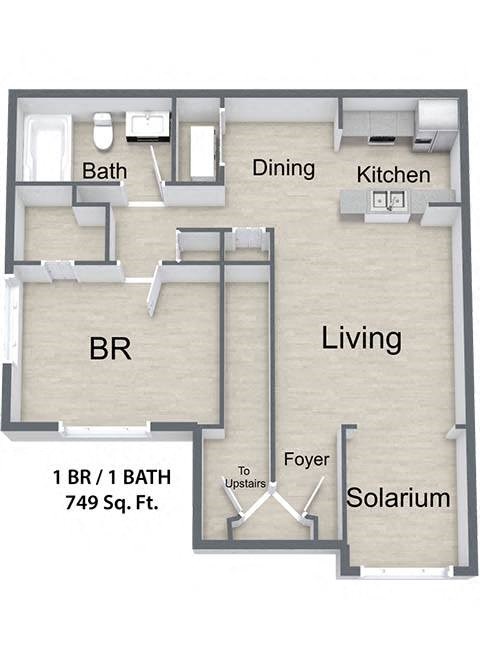 Floor plan for 1 bed, 1 bath, 749 sqft